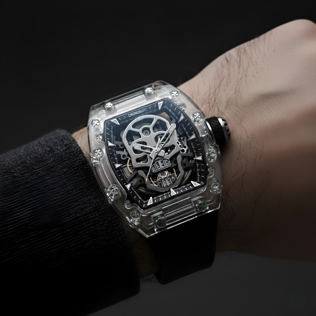 CRONUSART CM08 021 automatic skeleton tonneau watch on wrist with black strap showing bold mechanical dial