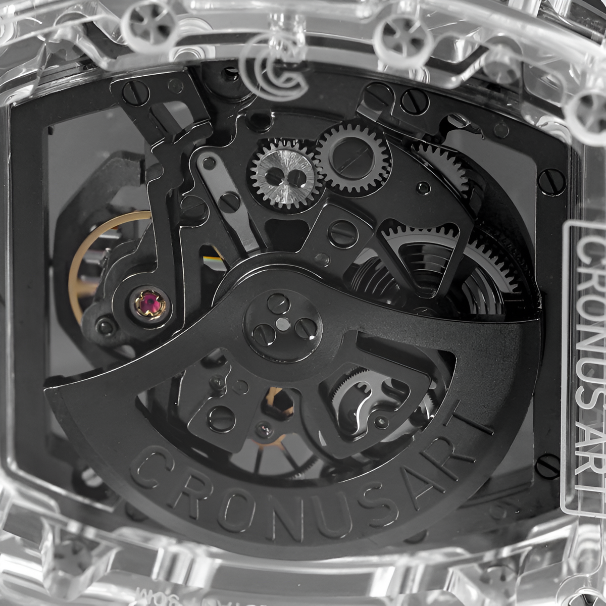 Macro view of CRONUSART CM08 021 automatic movement through transparent caseback showing rotor and gears