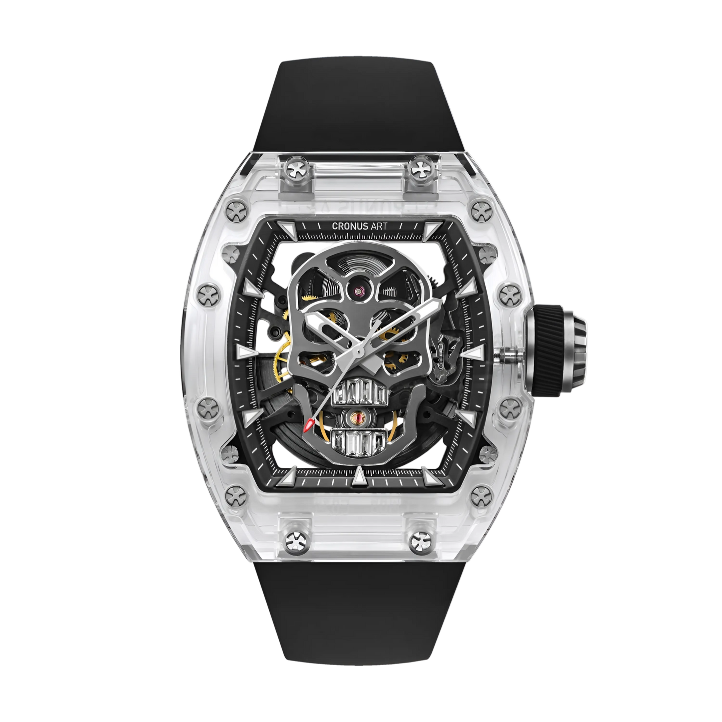 Cronusart CM08 021 men’s automatic skeleton watch with clear sapphire tonneau case and black strap, front view skull skeleton dial