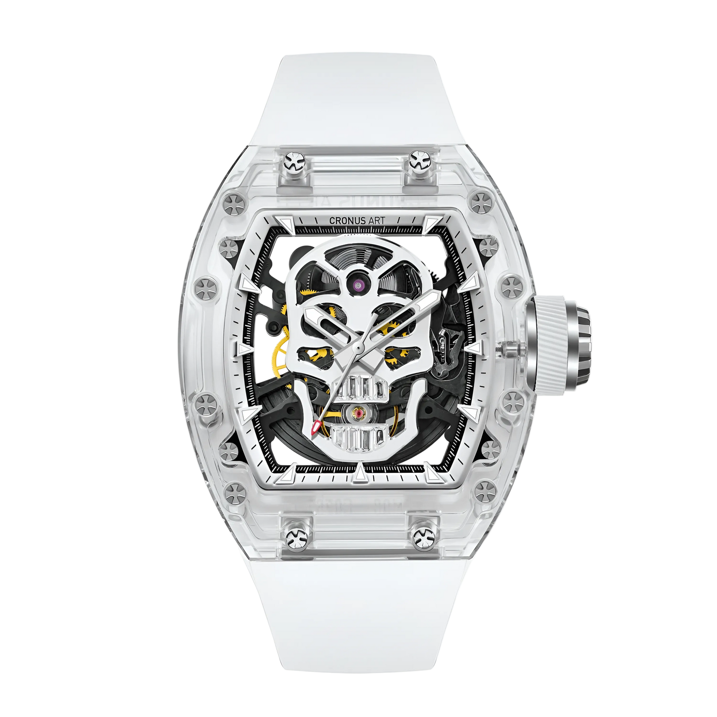 Cronusart CM08 021 men’s automatic skeleton watch with clear sapphire tonneau case and white strap, front view openworked dial