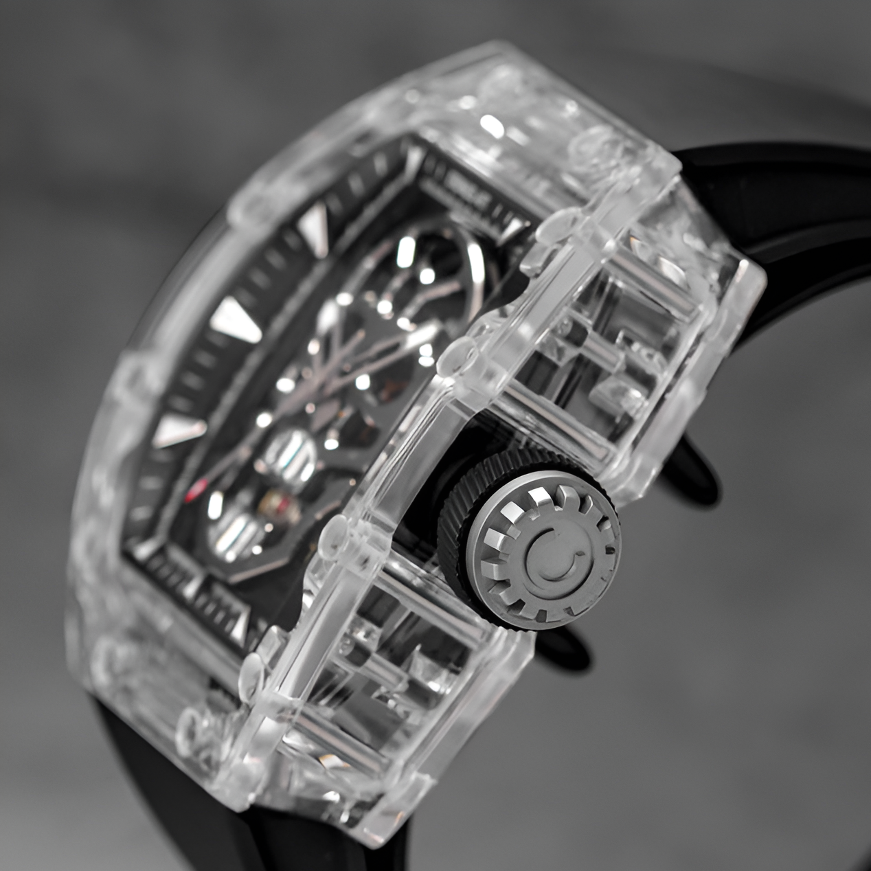 Side profile close up of CRONUSART CM08 021 sapphire case showing crown details and tonneau thickness