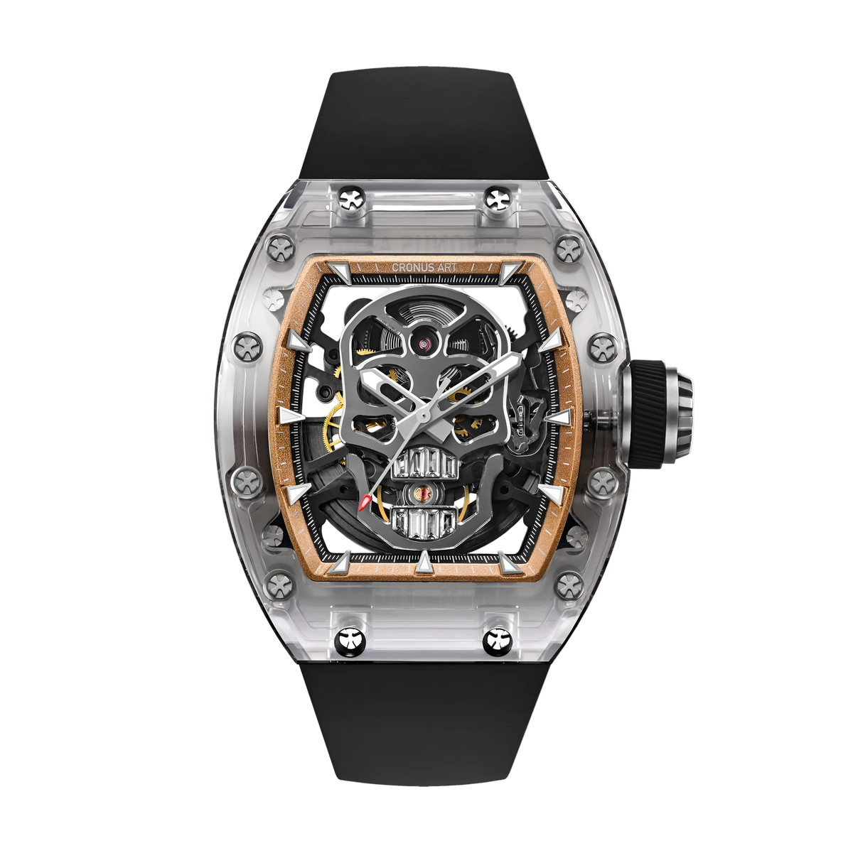 CRONUSART CM08 021 men’s automatic skeleton watch front view with sapphire tonneau case and openworked dial