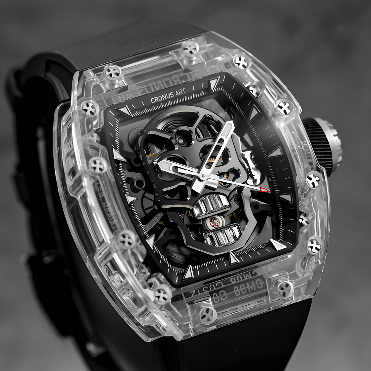 Close up angled view of CRONUSART CM08 021 skeleton dial with luminous markers and sapphire tonneau case