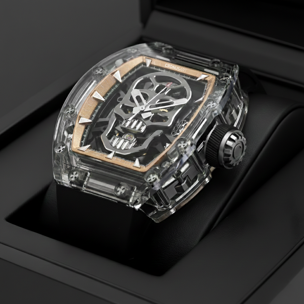 CRONUSART CM08 021 automatic skeleton watch inside presentation box angled view showing transparent sapphire case and dial depth