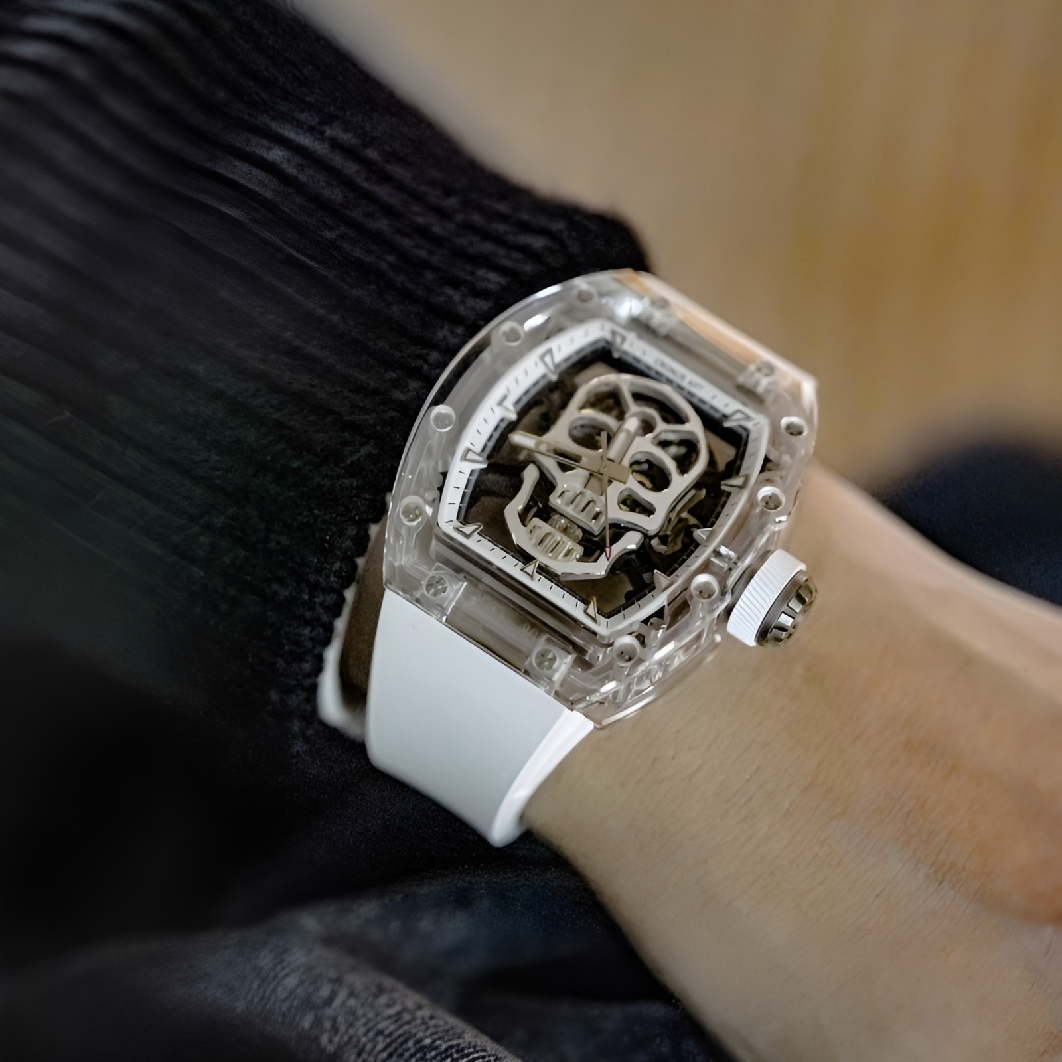 CRONUSART CM08 021 men’s skeleton watch on wrist with white fluororubber strap lifestyle wrist shot