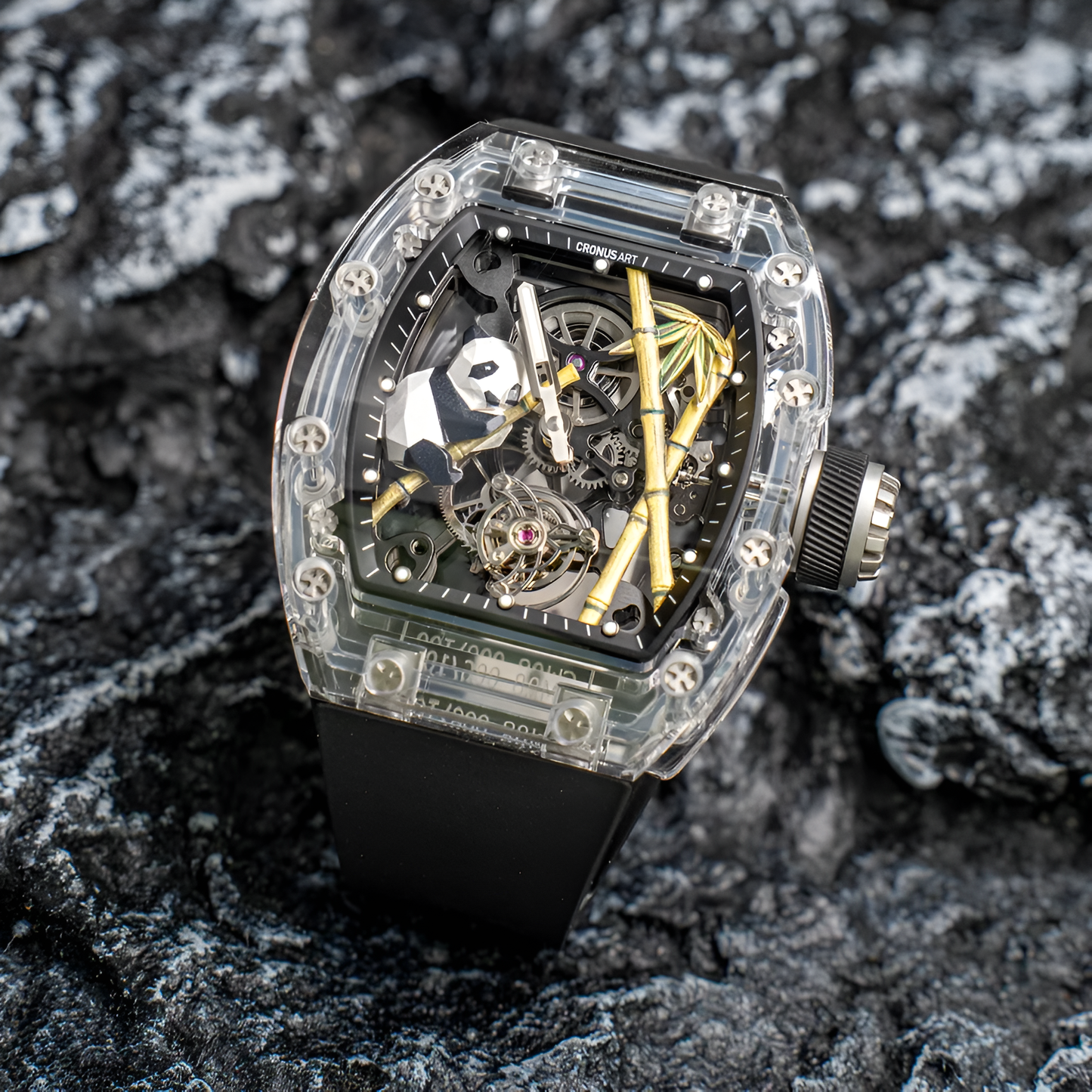 Cronusart CM08-030 - Panda sapphire tourbillon watch with black strap displayed on volcanic rock background