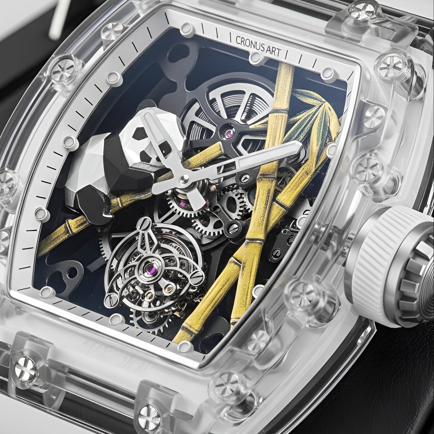 Cronusart CM08-030 - Close-up of Panda sapphire tourbillon watch highlighting bamboo design and exposed mechanical movement