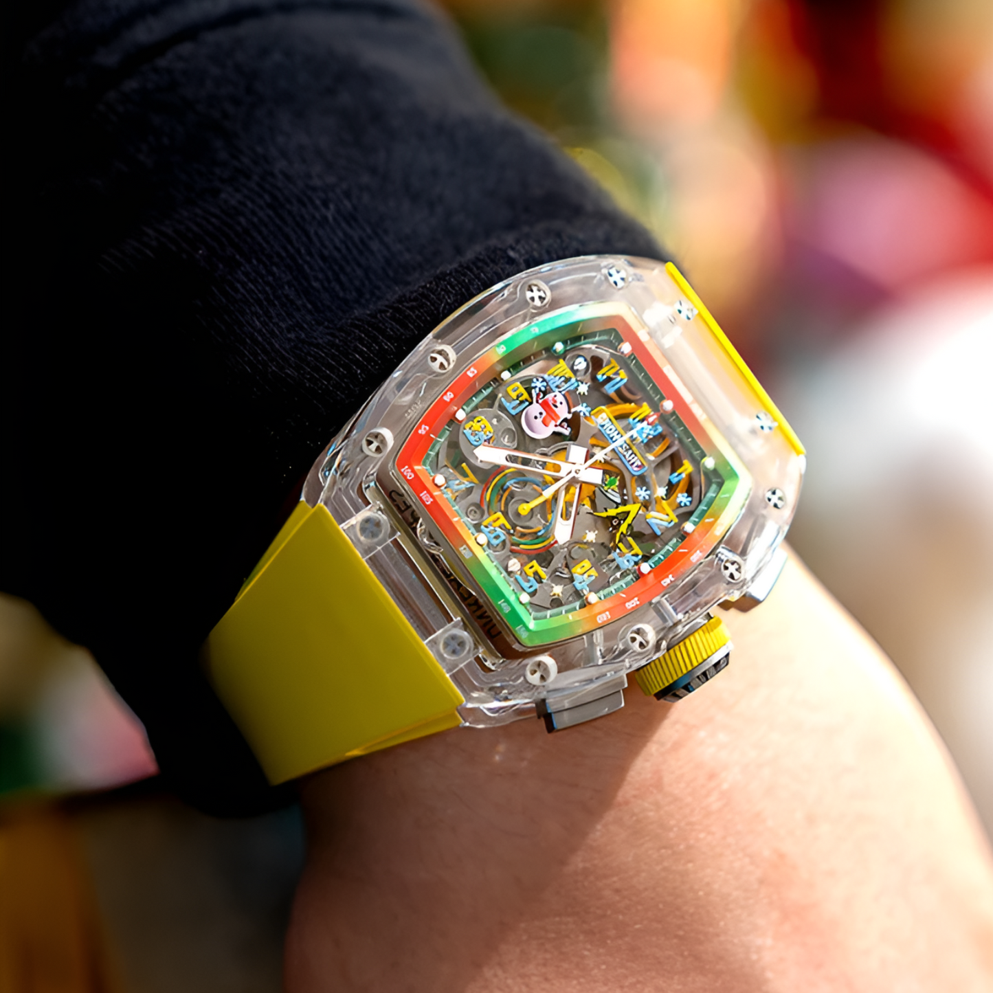 CRONUSART CM08-053 - Christmas Limited Edition watch worn on wrist, featuring acrylic case, yellow strap, and festive snowman and Christmas tree chronographs