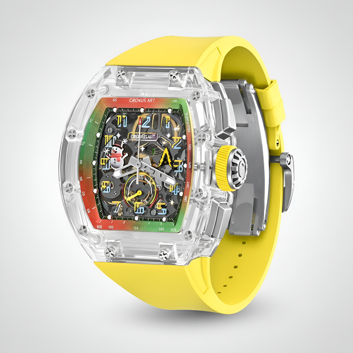 CRONUSART CM08-053 - Full front view, acrylic skeleton chronograph watch, showcasing the festive snowman and Christmas tree designs, with yellow rubber strap and transparent case