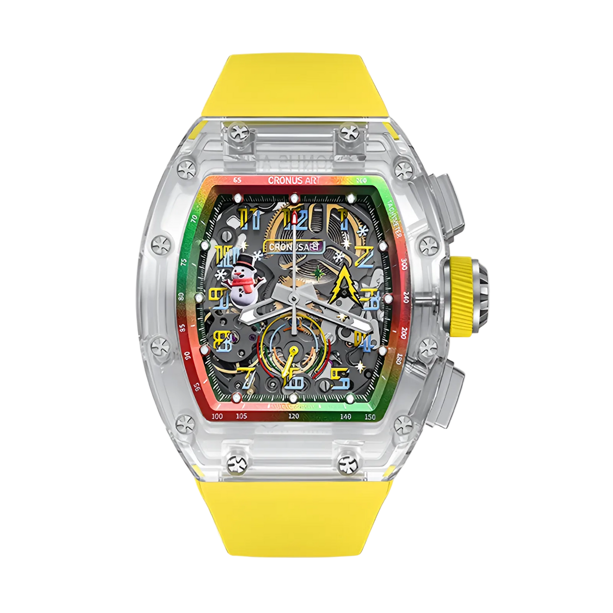 CRONUSART CM08-053 - Chronograph limited edition Christmas watch with transparent case and colorful holiday-themed design. Yellow strap with snowman and Christmas tree motifs