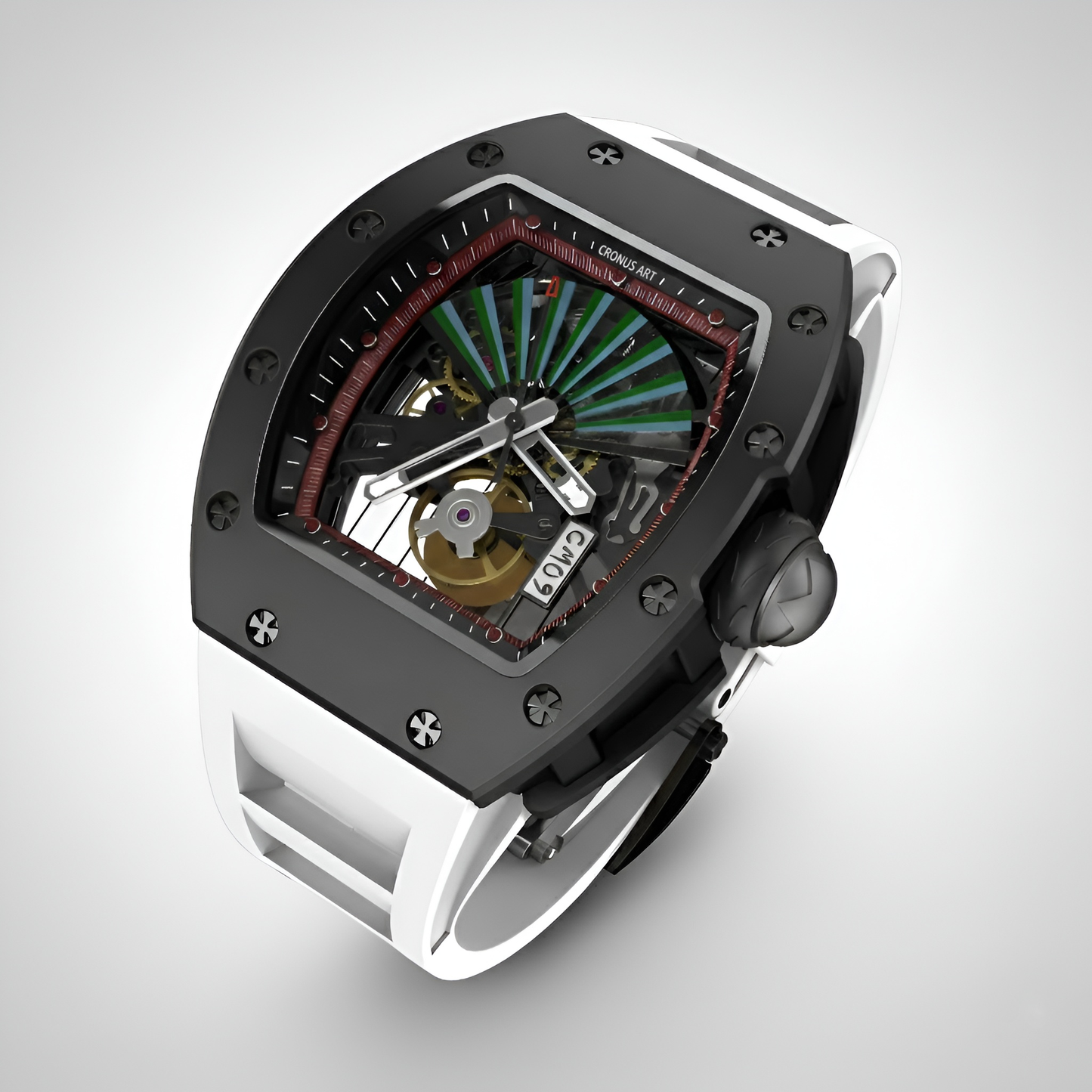 Cronusart CM09-001 - Angled close-up of carbon steel skeleton watch highlighting fan dial and mechanical movement
