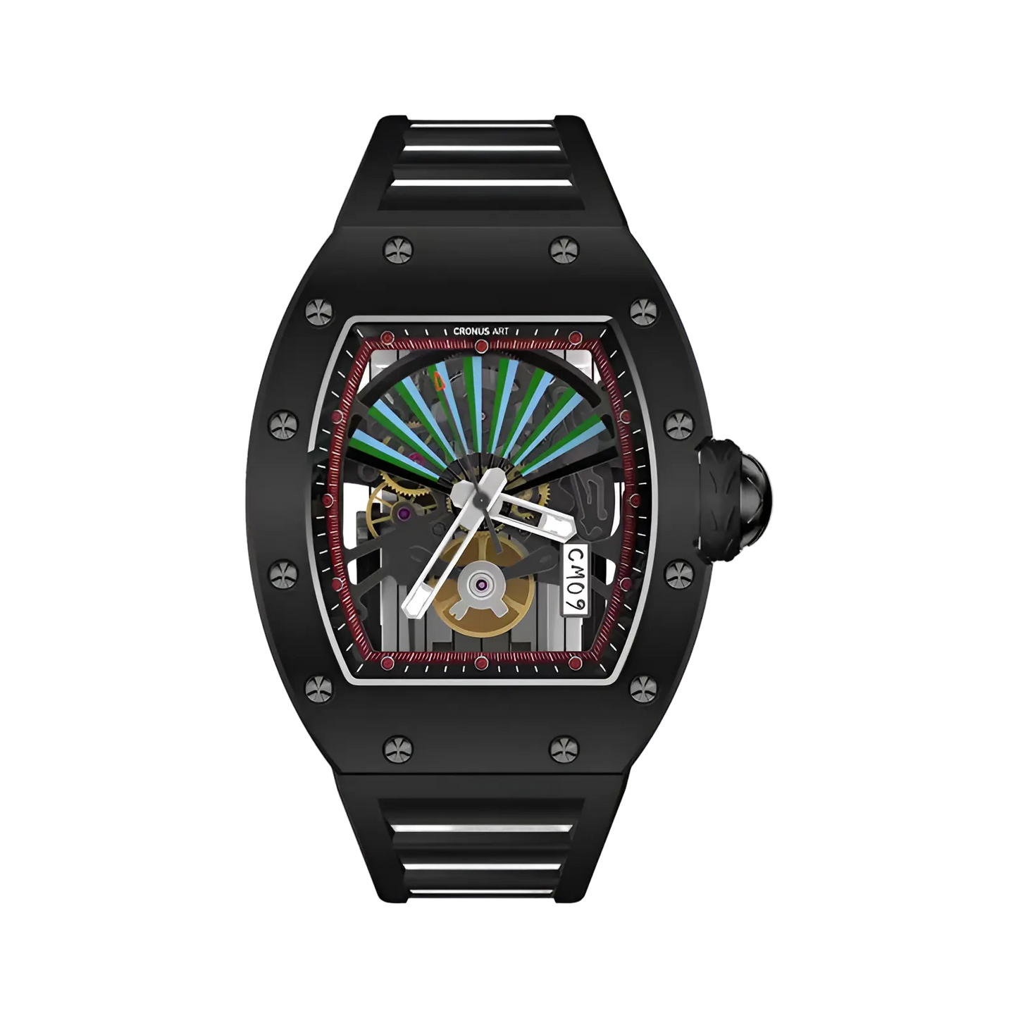 Cronusart CM09-001 - Carbon steel skeleton watch featuring fan dial with black fluororubber strap