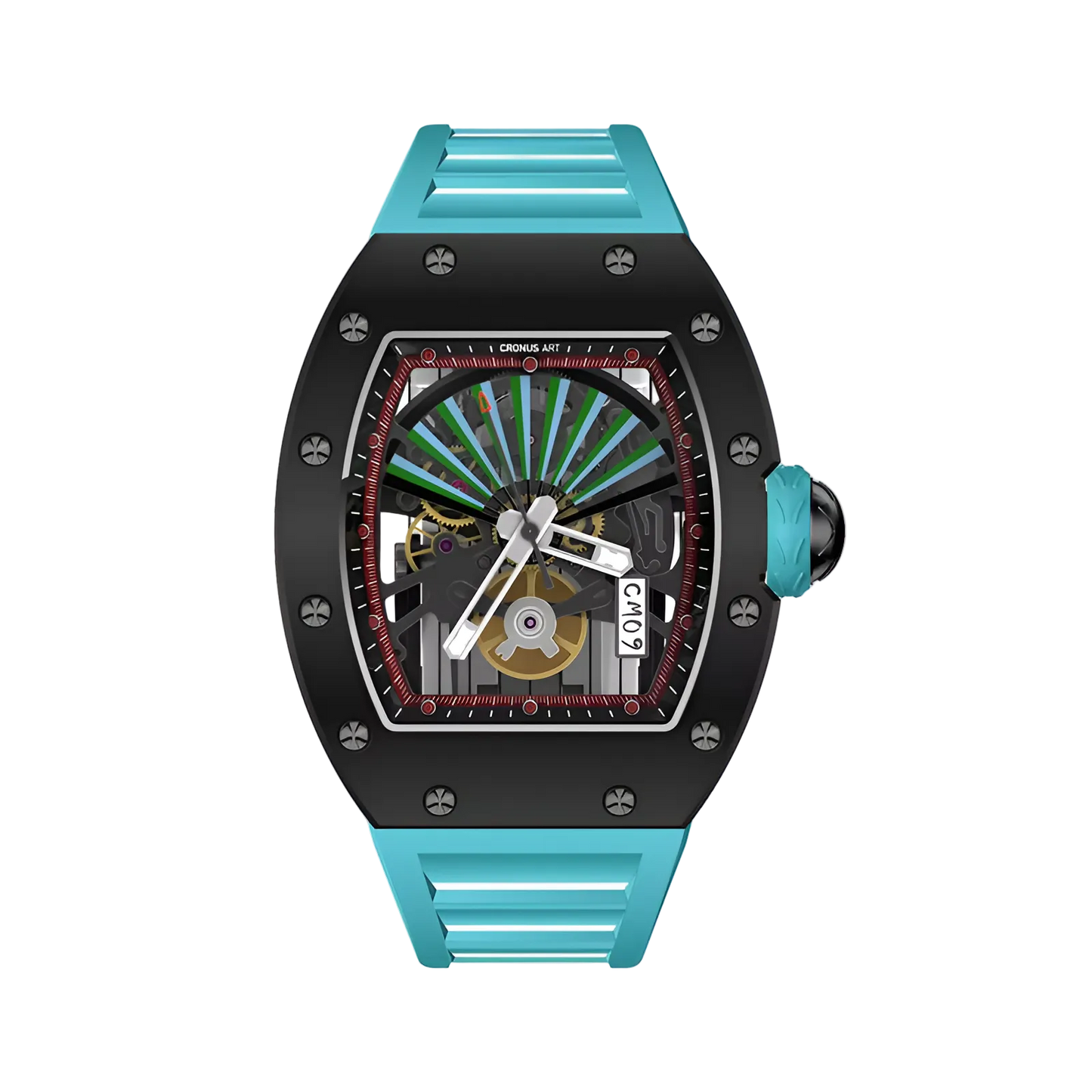 Cronusart CM09-001 - Carbon steel skeleton watch with fan dial and turquoise fluororubber strap front view