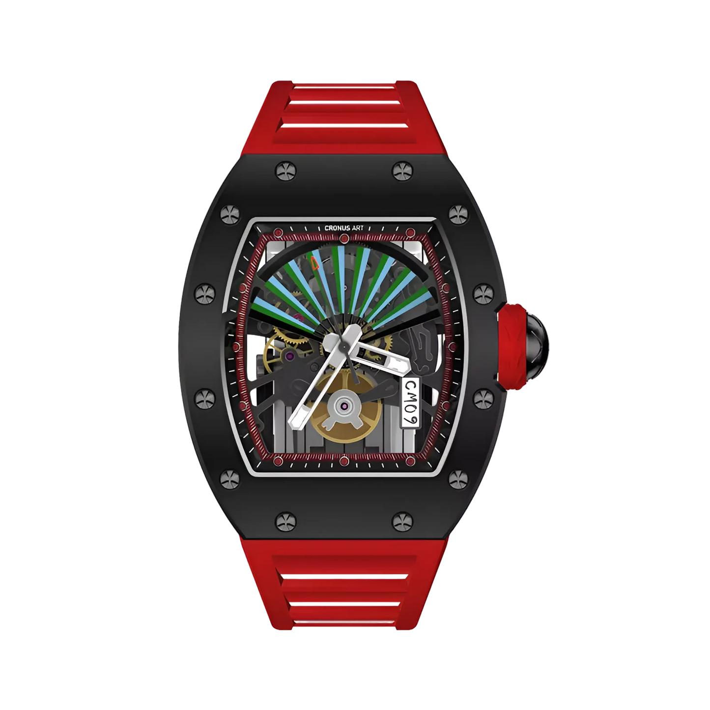 Cronusart CM09-001 - Carbon steel skeleton watch featuring fan dial with red fluororubber strap