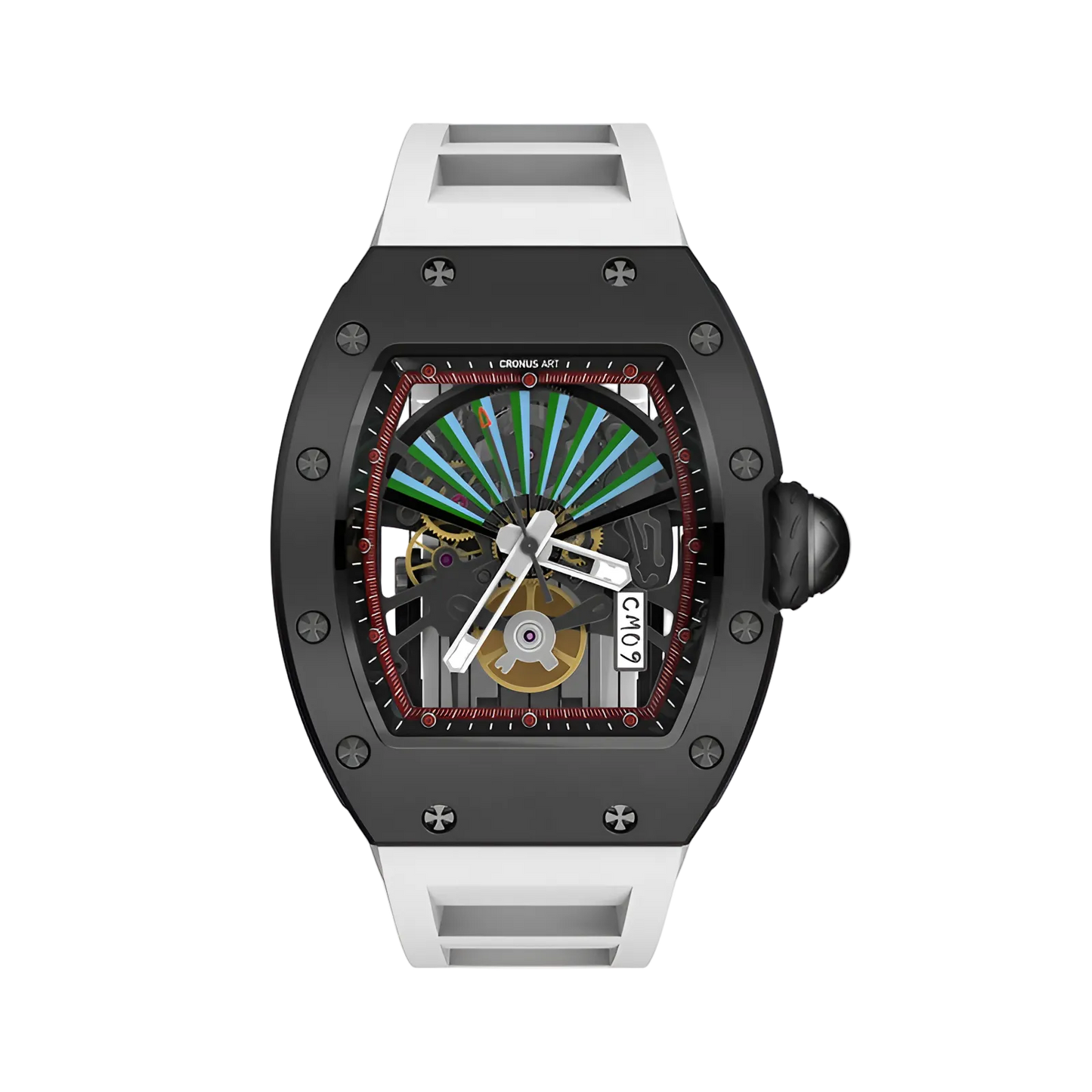 Cronusart CM09-001 - Carbon steel skeleton watch with turbine fan dial and white fluororubber strap