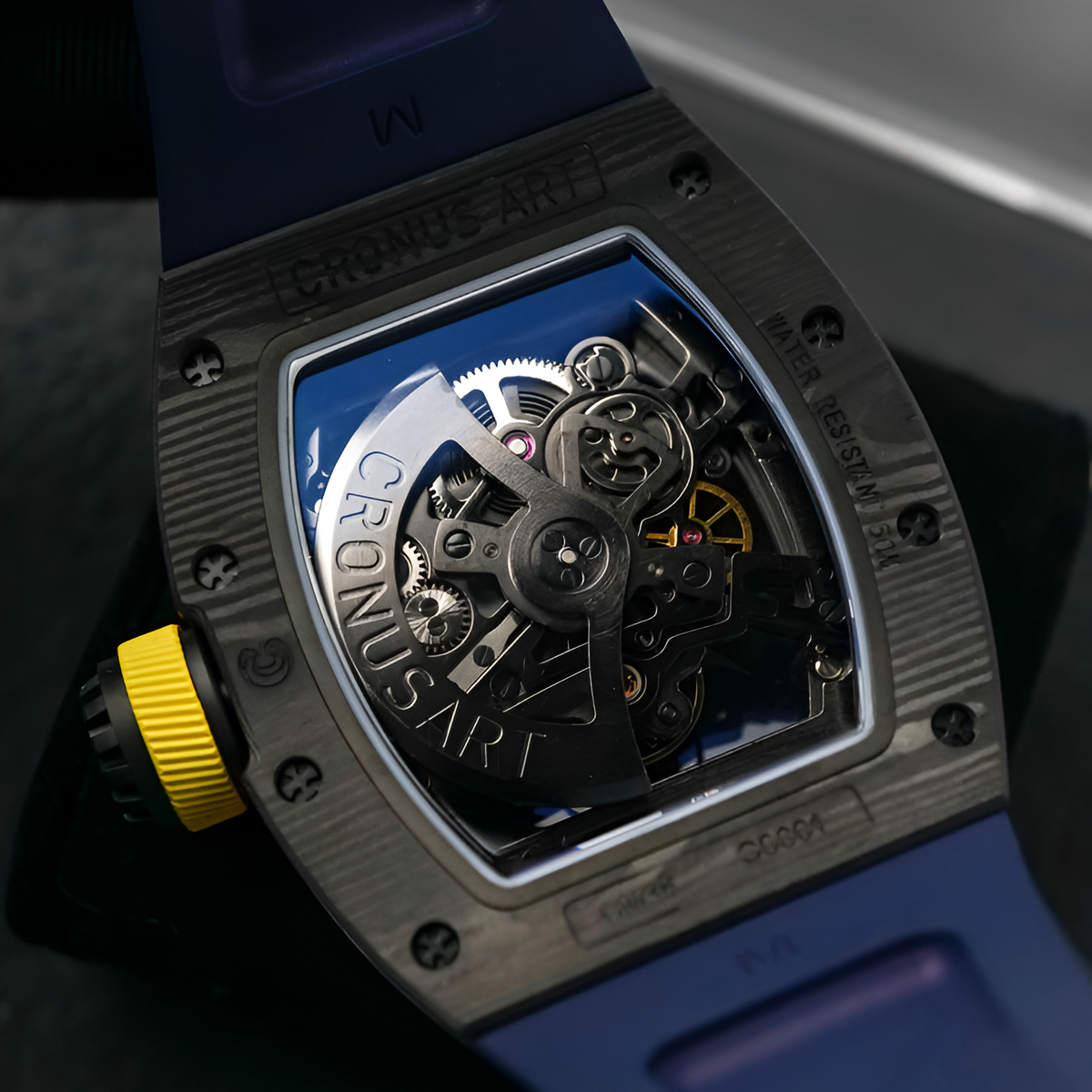 Rear view of CRONUSART CM36-001 men’s automatic mechanical watch revealing visible movement architecture