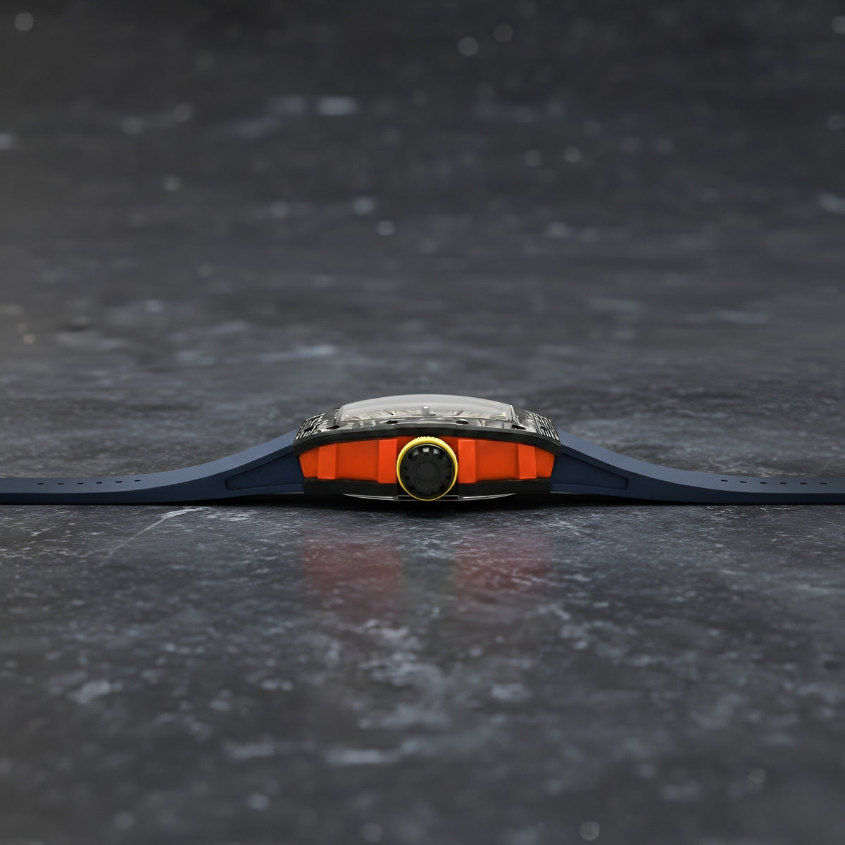 Side profile of CRONUSART CM36-001 carbon fiber tonneau case showing crown and ergonomic curvature