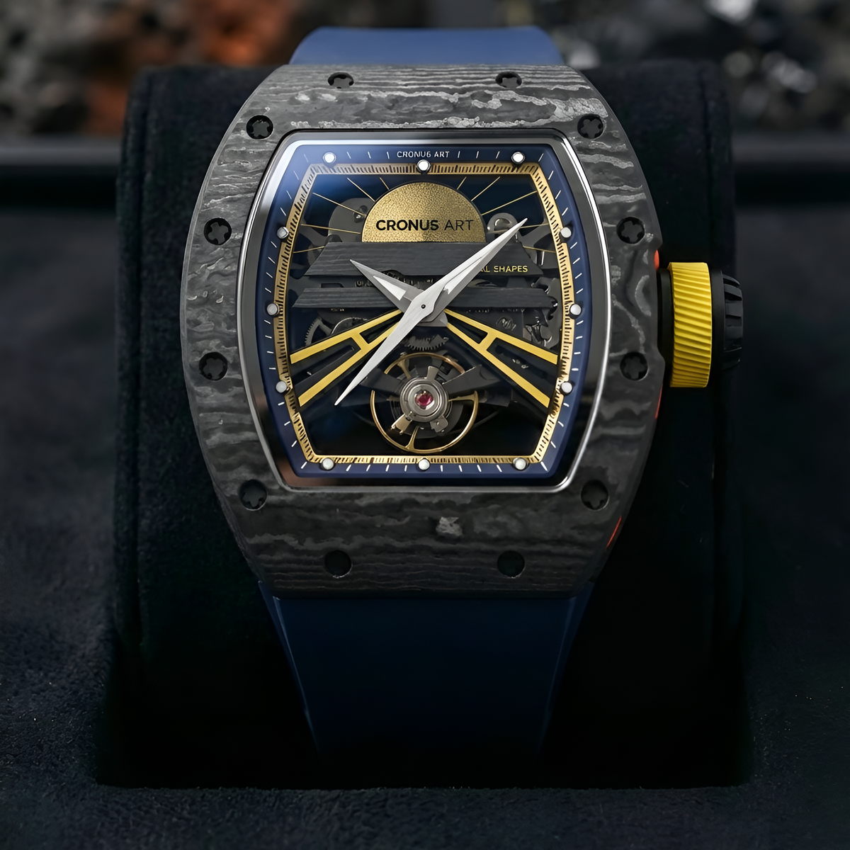 Cronusart CM36-001 carbon fiber skeleton watch displayed in a box with exposed mechanical dial and tonneau case