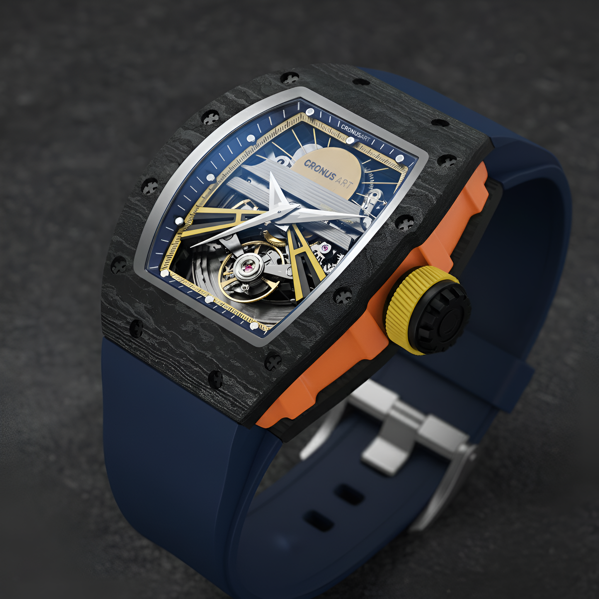 Angled view of CRONUSART CM36-001 carbon fiber tonneau automatic watch highlighting skeleton architecture