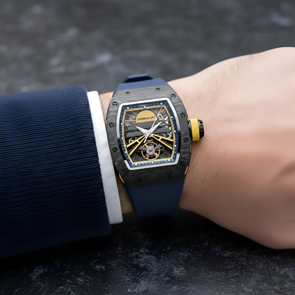 CRONUSART CM36-001 men’s automatic mechanical watch worn on wrist showing carbon fiber case and skeleton dial