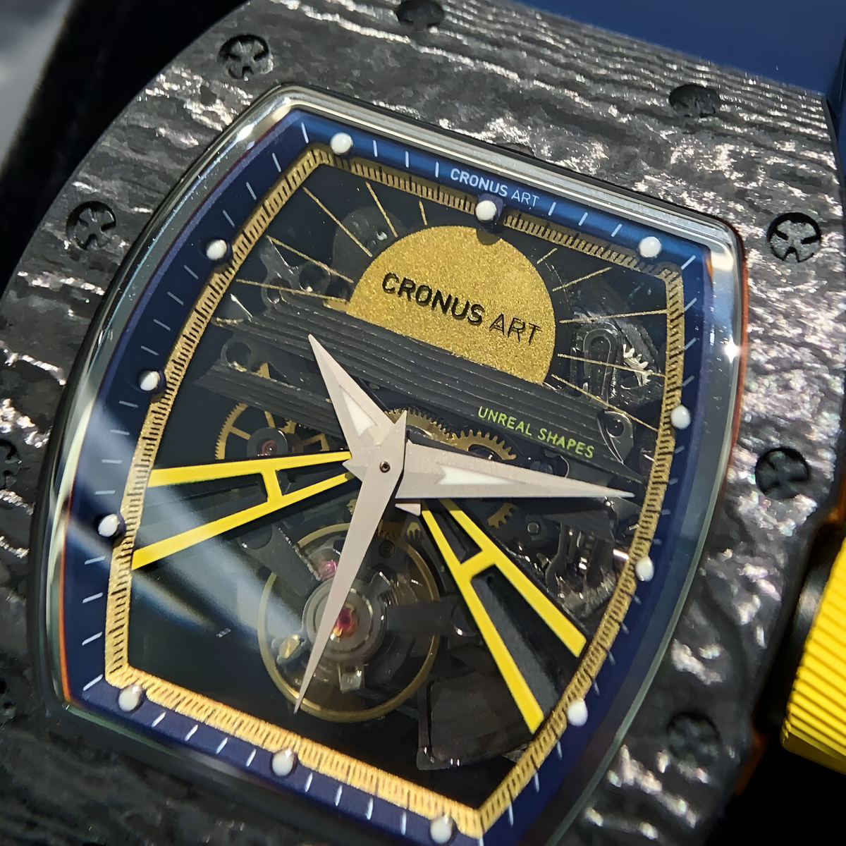 Cronusart CM36-001 skeleton watch close-up highlighting openworked dial, yellow structural accents, and visible balance wheel