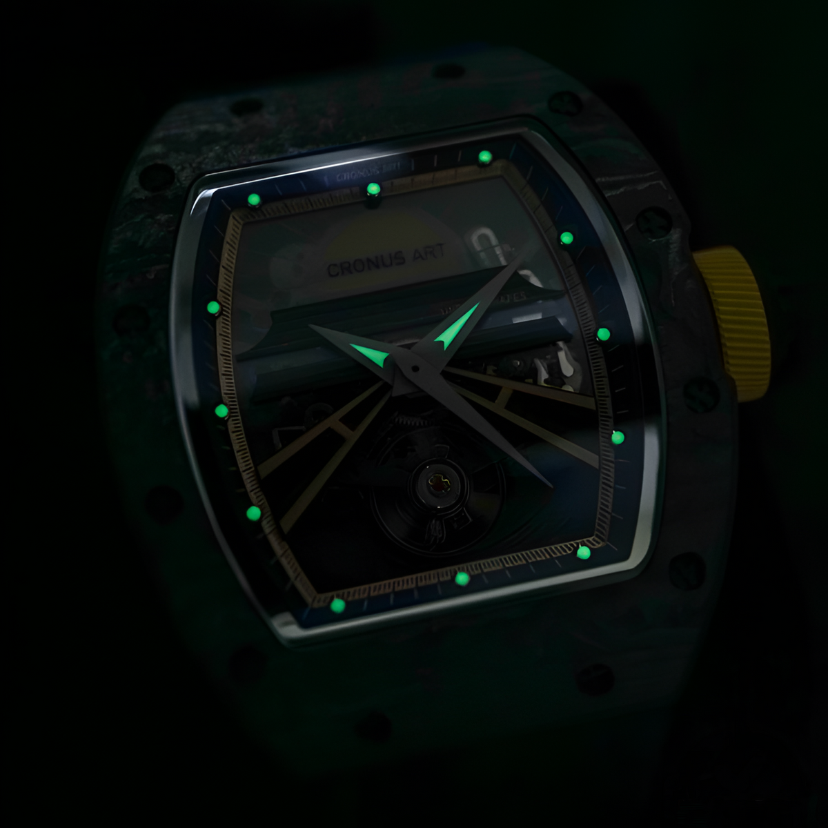 Cronusart CM36-001 skeleton watch night view showing luminous hour markers and hands in low-light conditions