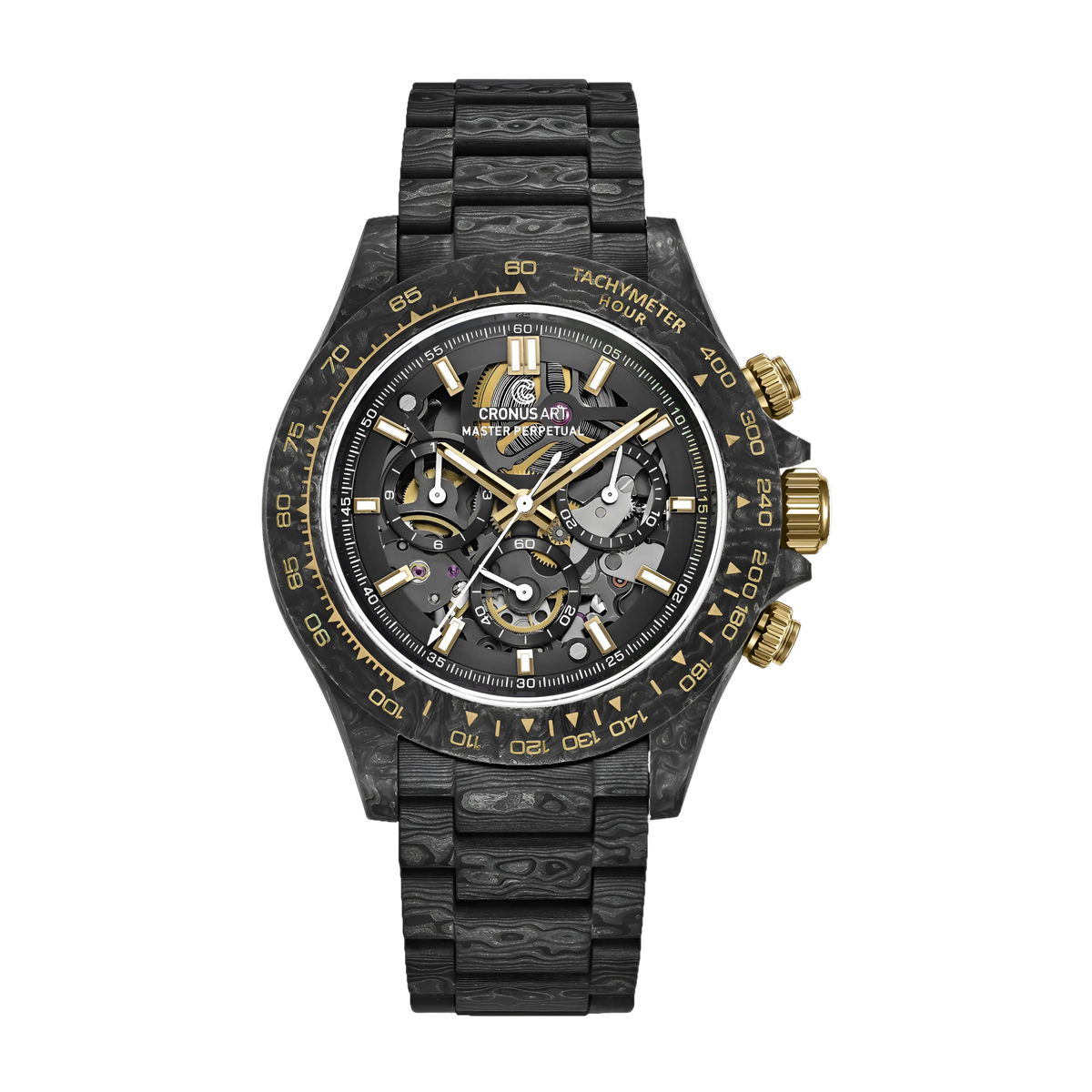 Front view of CRONUSART men’s automatic chronograph watch with carbon fiber case and sapphire dial