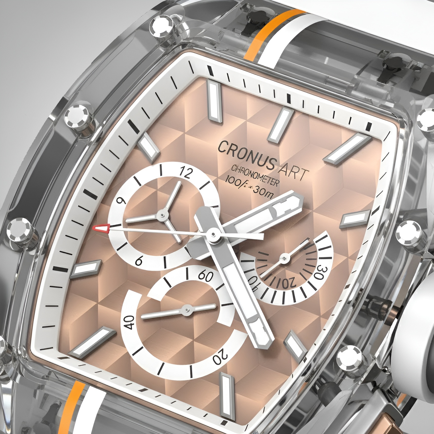 Cronusart CM001-10C Sapphire Chronograph Watch - Macro close-up of skeleton chronograph dial inside Cronusart sapphire transparent watch