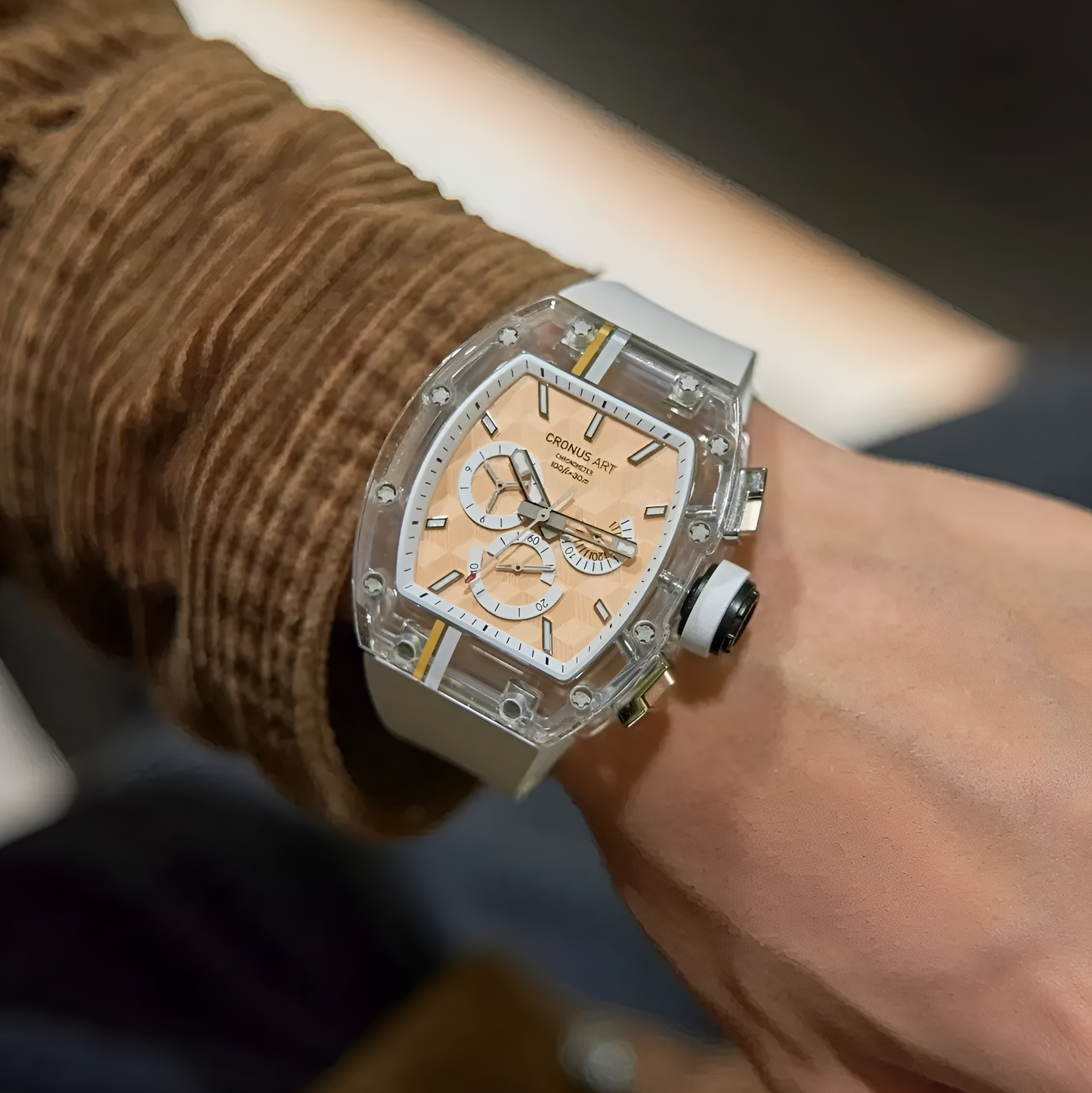 Cronusart CM001-10C Sapphire Chronograph Watch - sapphire chronograph watch worn on wrist with transparent skeleton design