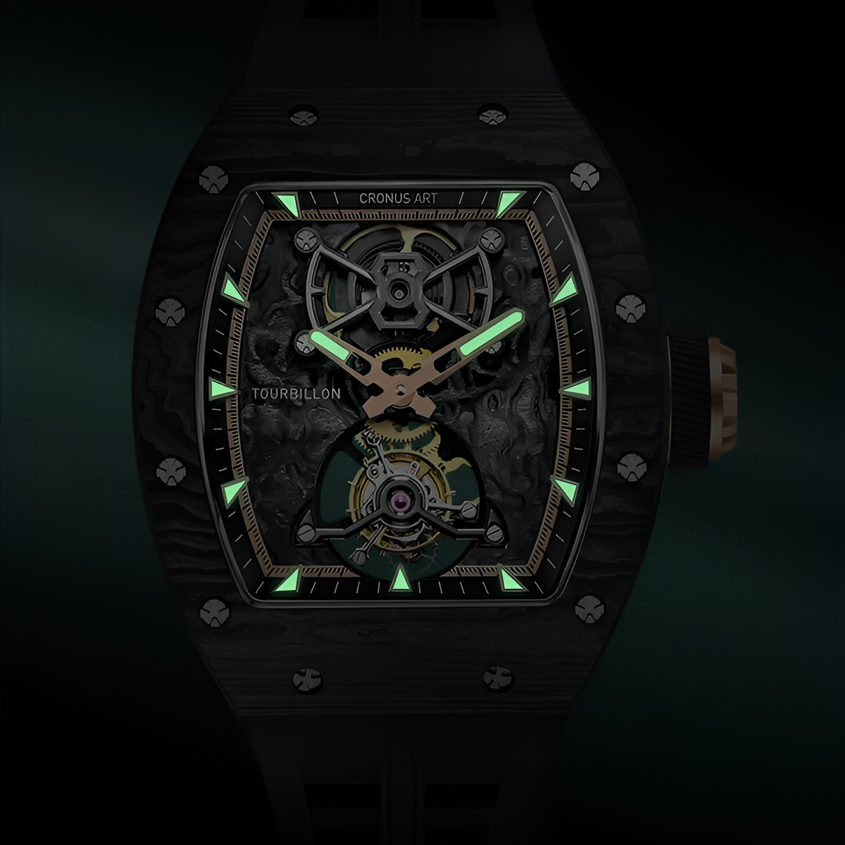CRONUSART CM002-052 - Carbon fiber tourbillon watch with green luminous markers, rose gold accents, skeleton dial and black rubber strap