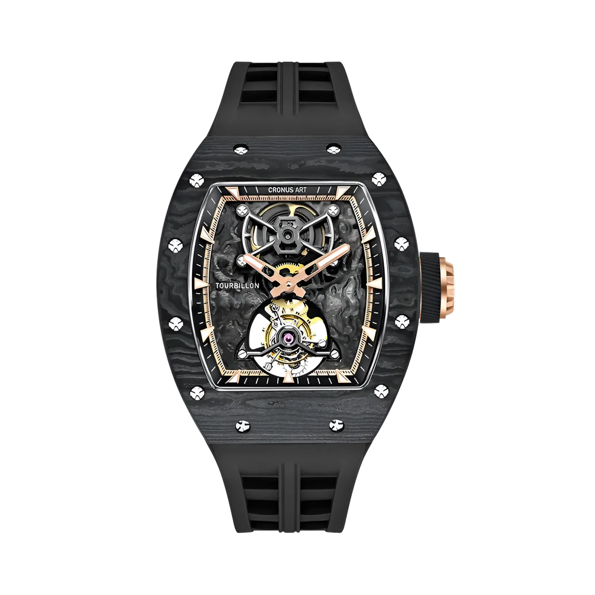 CRONUSART CM002-052- Cronus Art forged carbon tourbillon watch featuring a skeleton dial with rose gold accents and a black rubber strap.
