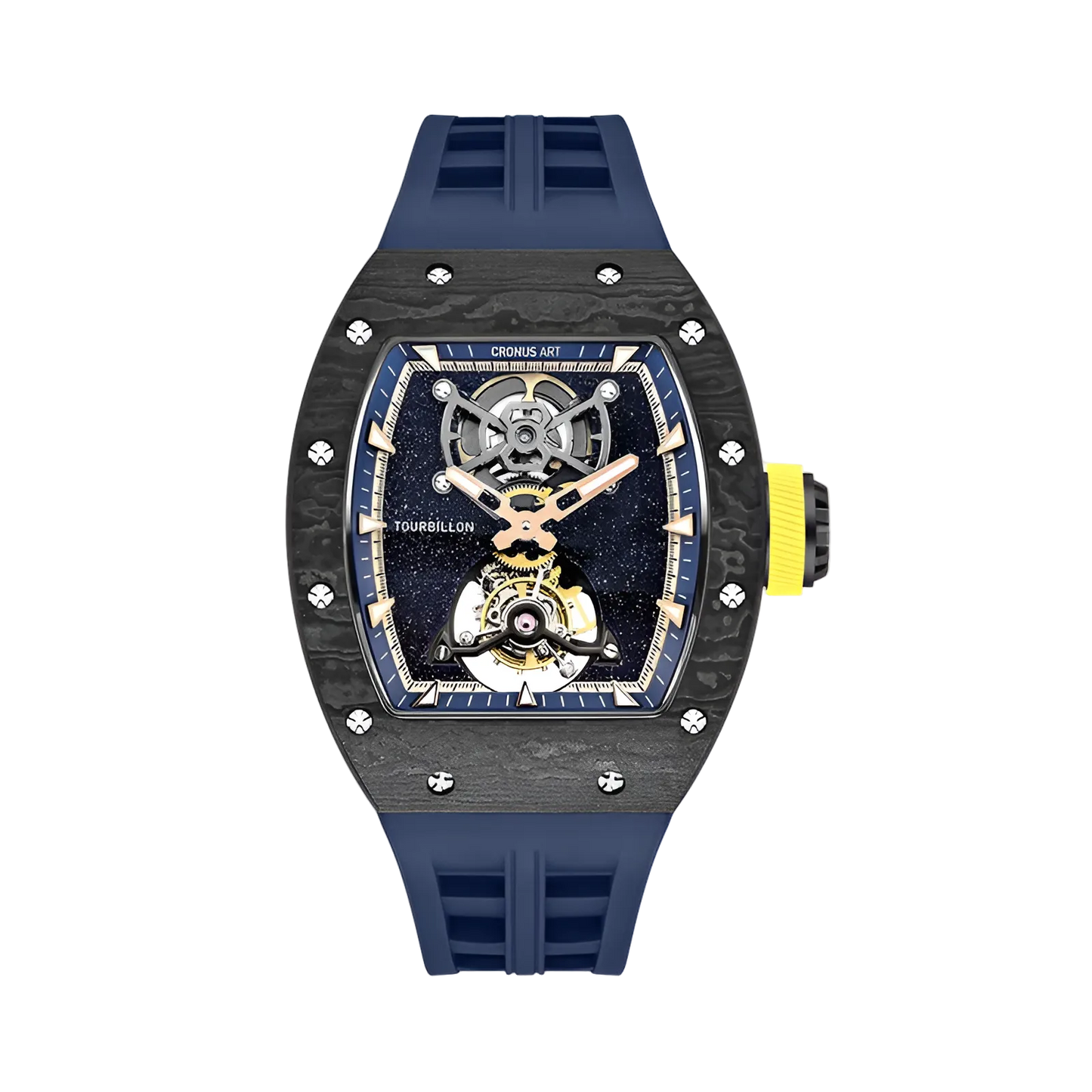 CRONUSART CM002-052 - Cronus Art carbon fiber tourbillon watch displaying a starry blue dial, yellow crown accent, and navy blue strap.