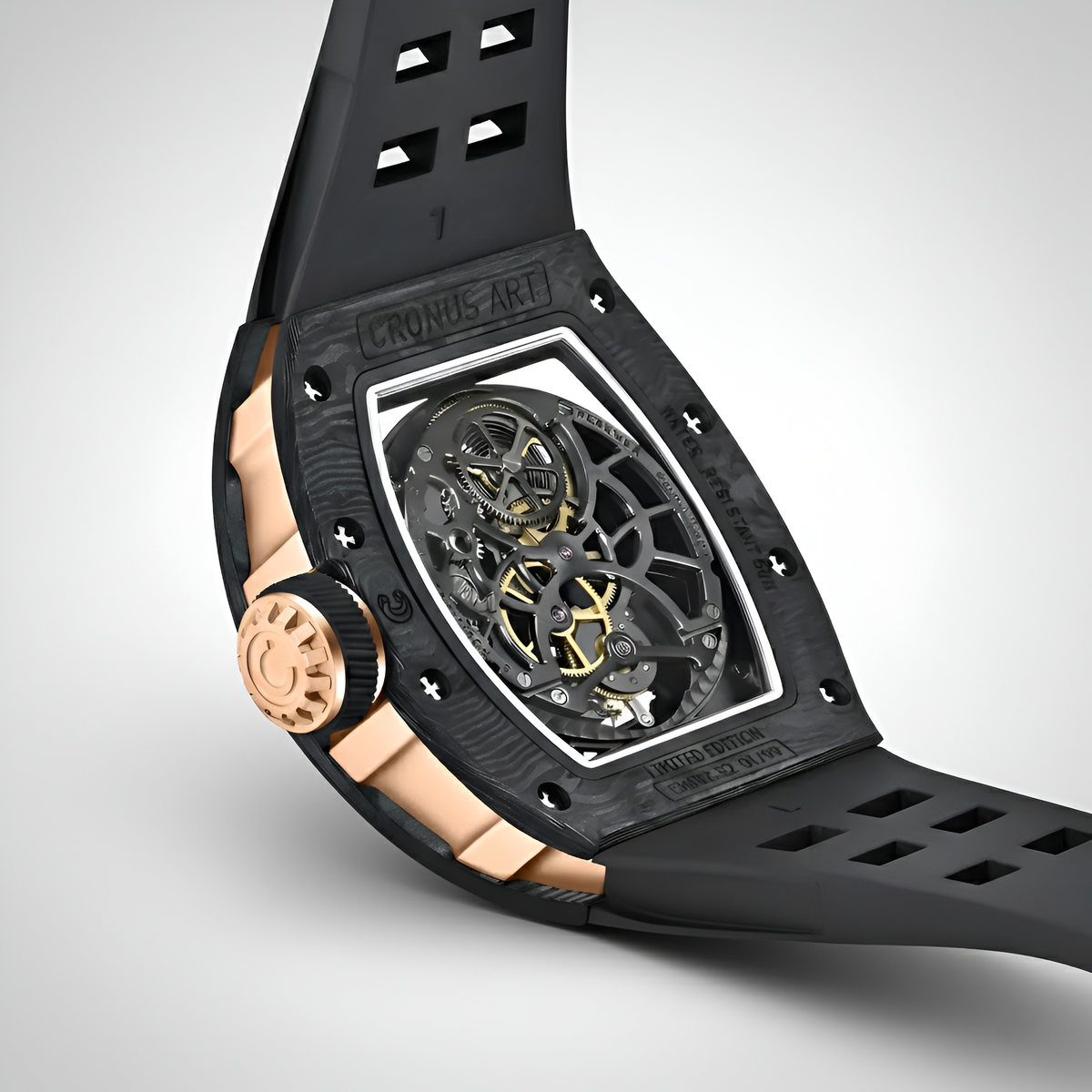 CRONUSART CM002-052 - Carbon fiber tonneau watch caseback revealing skeleton mechanical movement with black and gold components