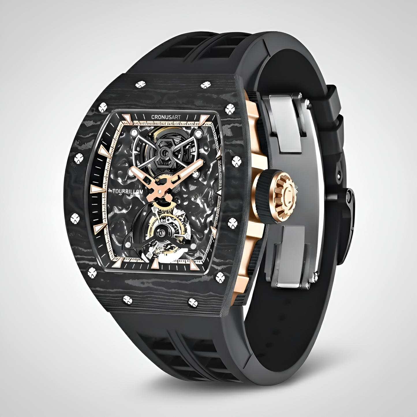 CRONUSART CM002-052 - Luxury carbon fiber tourbillon watch with rose gold crown details and black rubber strap clasp