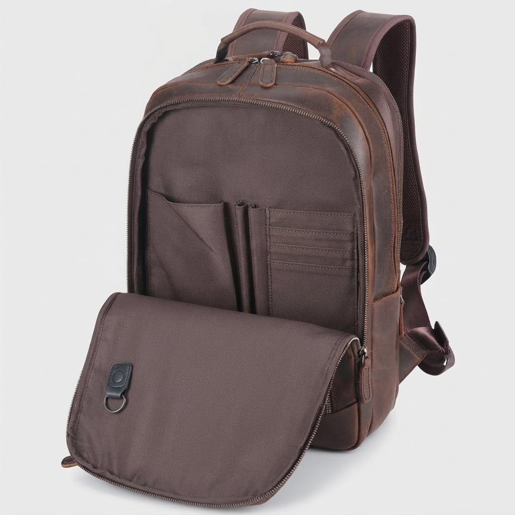 Leather Multi-Pocket Travel Backpack — open front organiser, empty