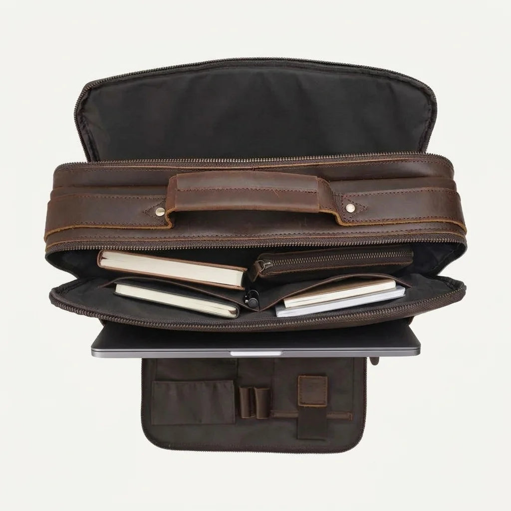 Men's Leather Laptop Briefcase with Dual Front Zip Pockets — opened out with laptop and notebooks inside