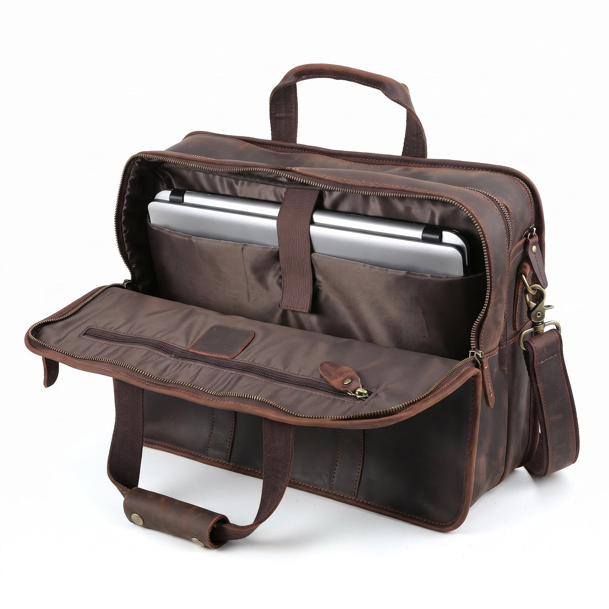 Men's Crazy Horse Leather Briefcase for 17.3-Inch Laptop — unzipped, laptop in the main compartment