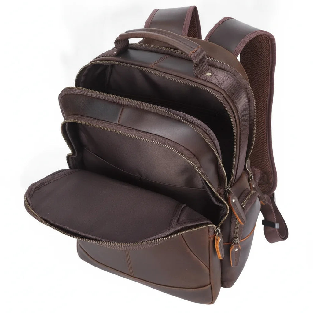 Leather Commuter Laptop Backpack — open compartments, empty