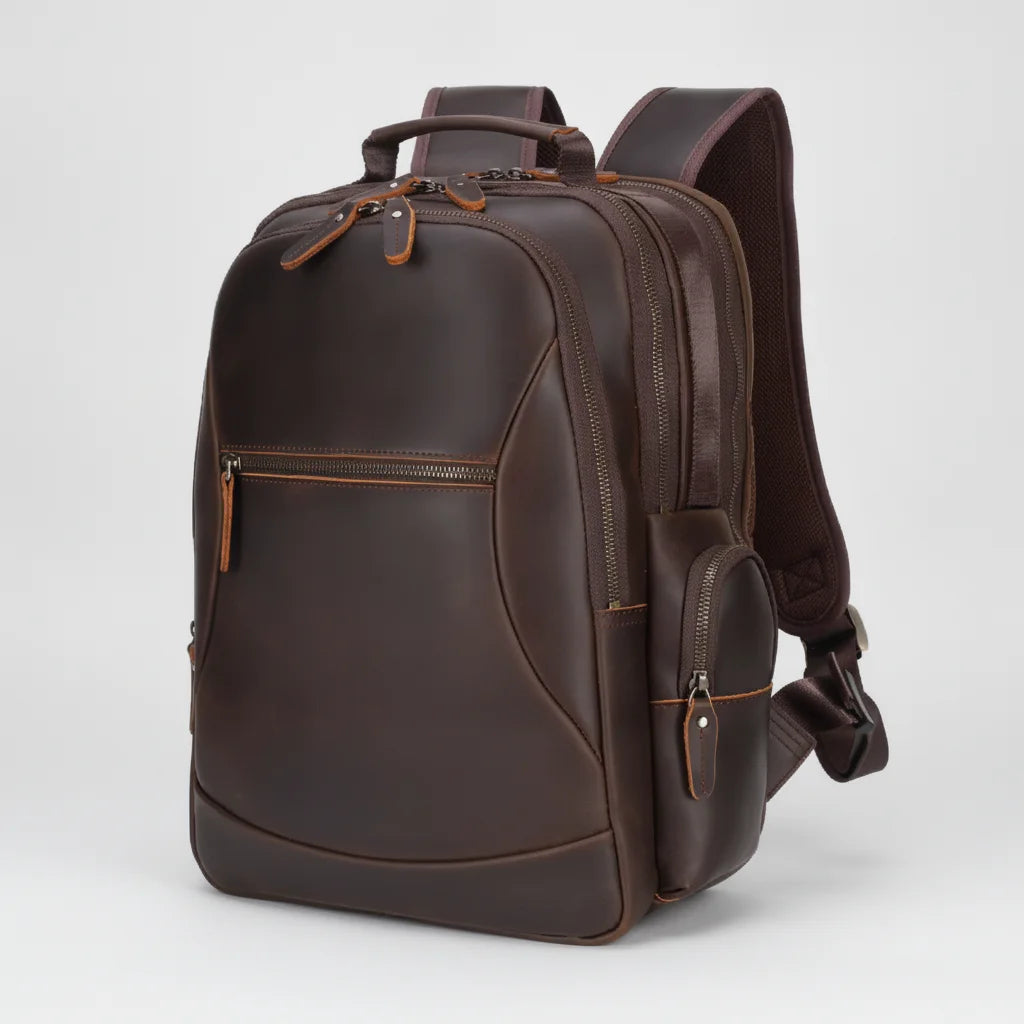 Leather Commuter Laptop Backpack — three-quarter front view with side zip pocket