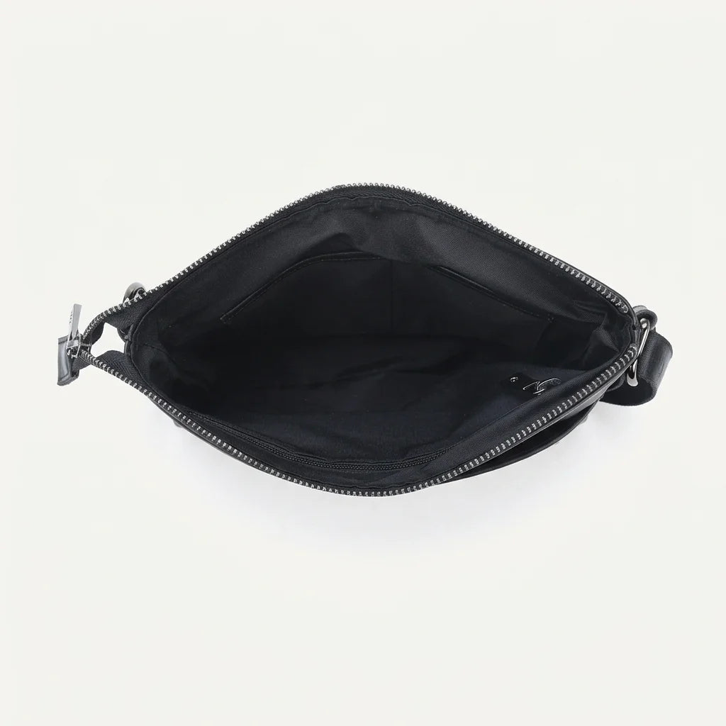 Men's Slim Black Leather Crossbody Bag — open top, interior empty