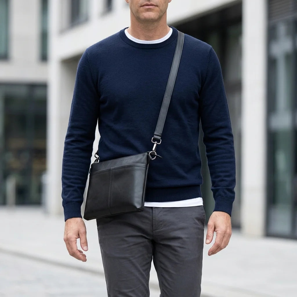 Men's Slim Black Leather Crossbody Bag — worn crossbody by a man in a navy sweater outdoors
