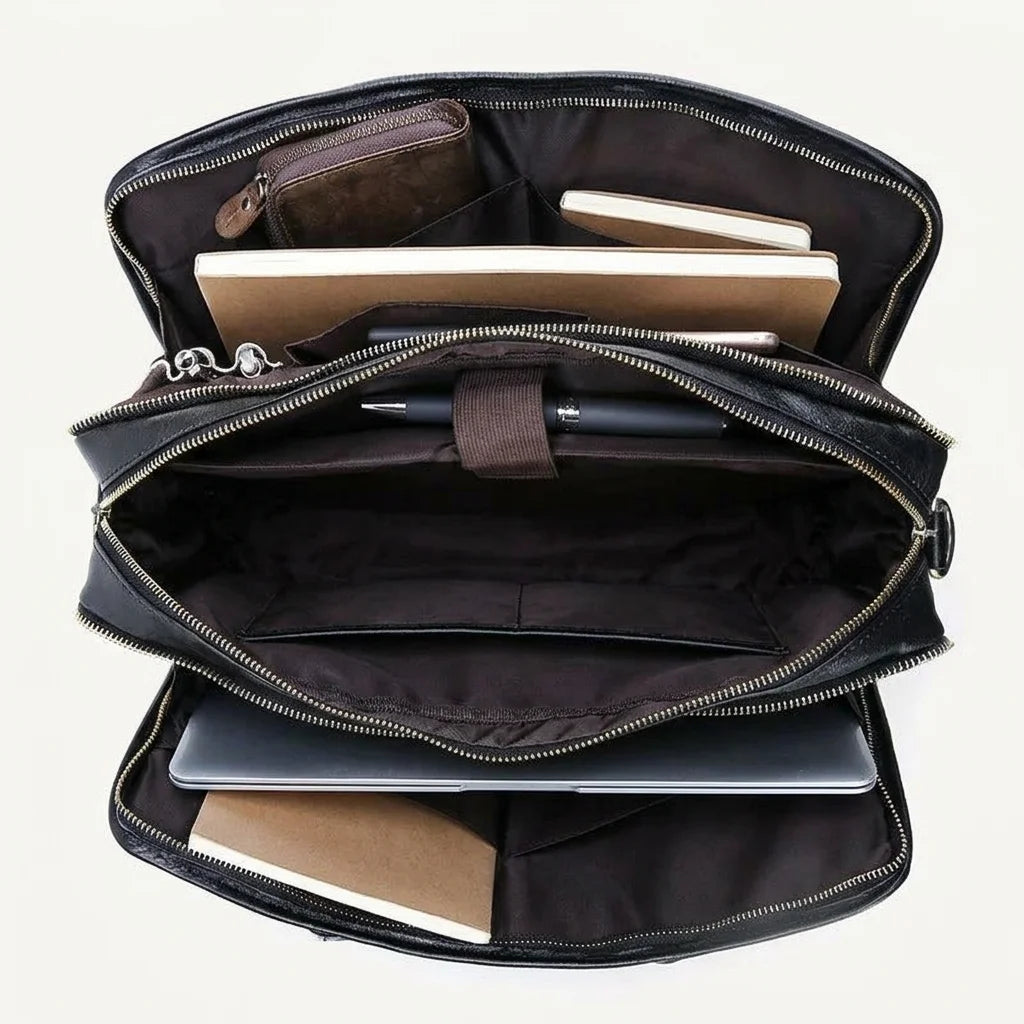 Men's Smooth Black Leather Laptop Briefcase — open from above with laptop, notebooks and wallet inside