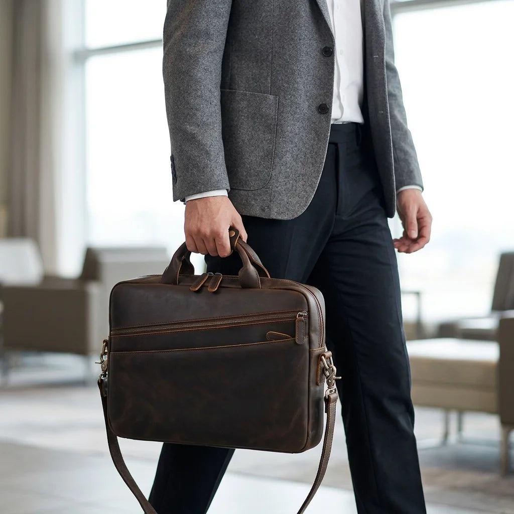 Men’s Leather Computer Briefcase — carried by the top handle by a man in a grey blazer