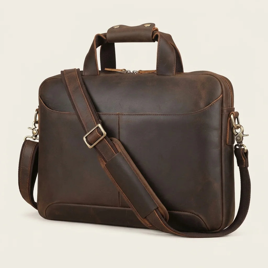 Men's Crazy Horse Leather Slim Laptop Briefcase — three-quarter view with shoulder strap