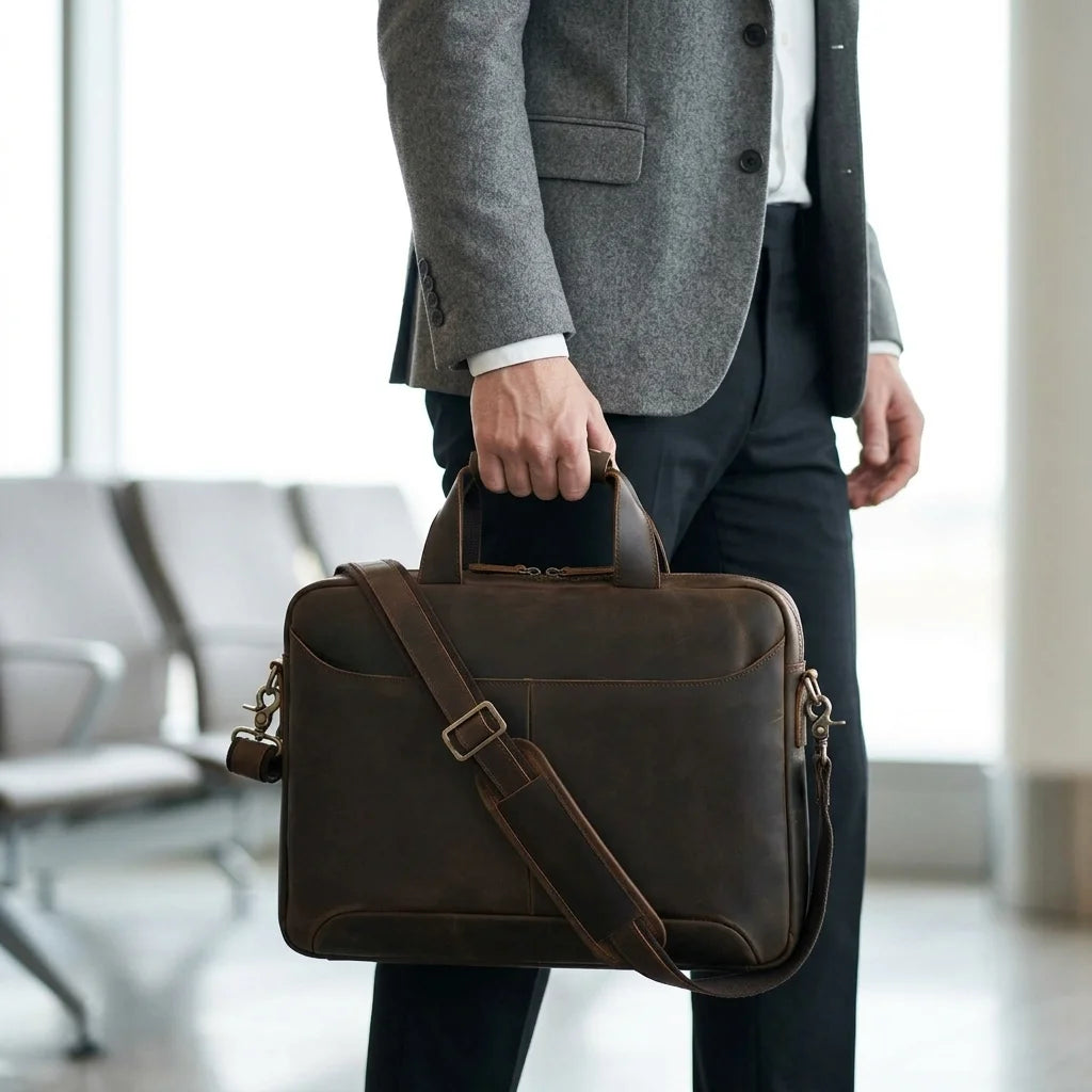 Men's Crazy Horse Leather Slim Laptop Briefcase — carried by the handle by a man in a grey blazer