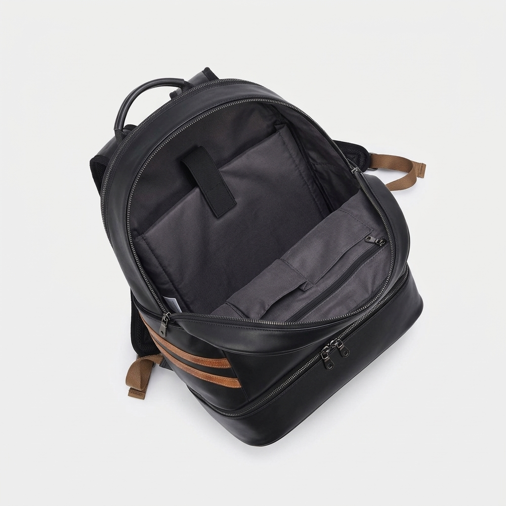 Men's Full-Grain Leather Backpack with Insulated Bottom Compartment — open from above, empty interior