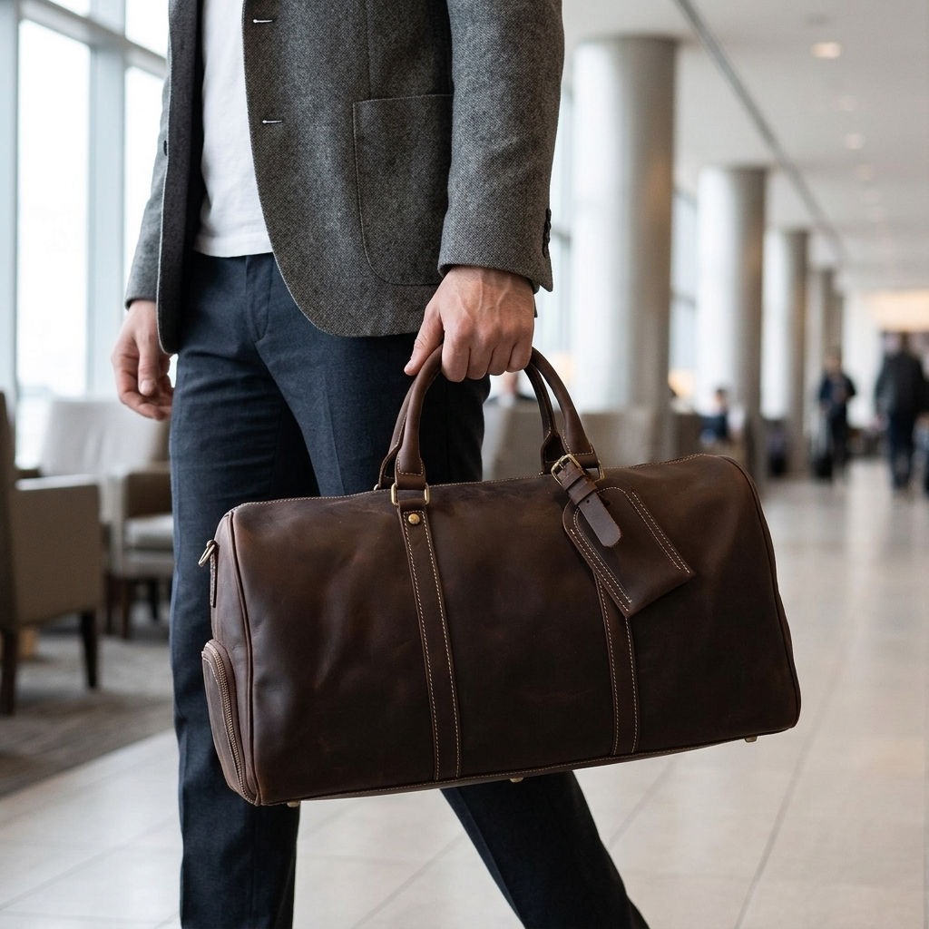 Men's Full-Grain Leather Barrel Duffle Bag — carried by the handles by a man in a grey blazer