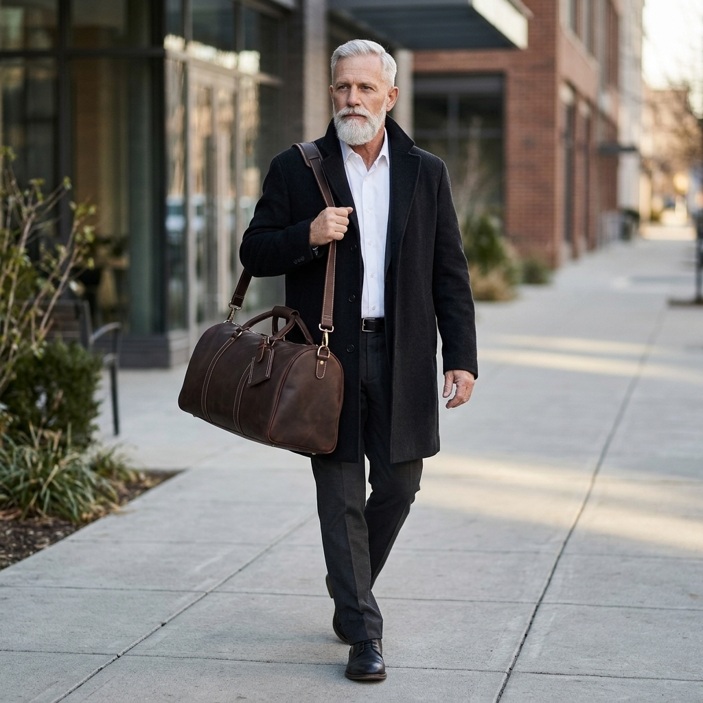 Men's Full-Grain Leather Barrel Duffle Bag — carried over the shoulder by a man in a dark overcoat