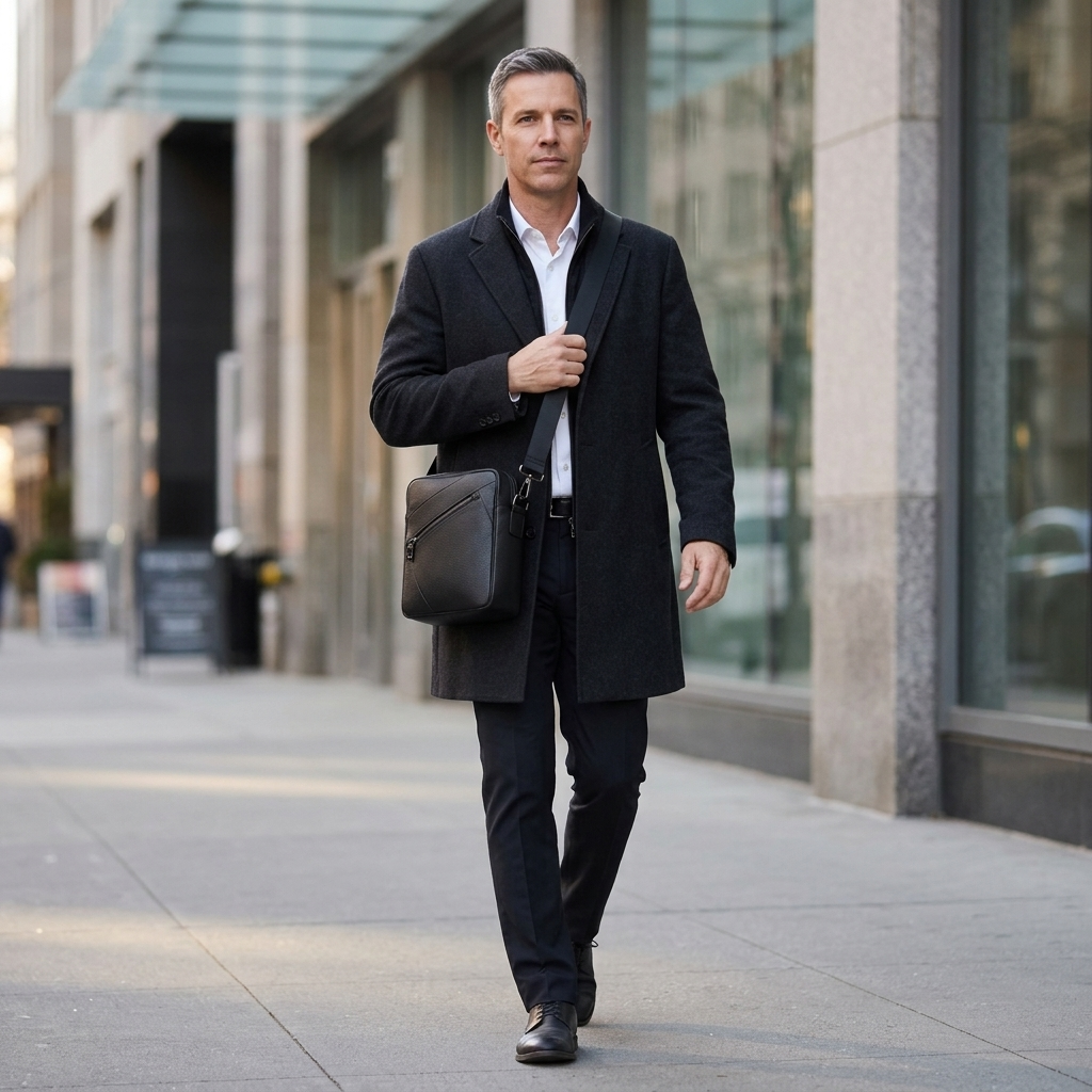 Men's Full-Grain Leather Compact Crossbody Messenger Bag — worn on the shoulder by a man in a dark overcoat, walking