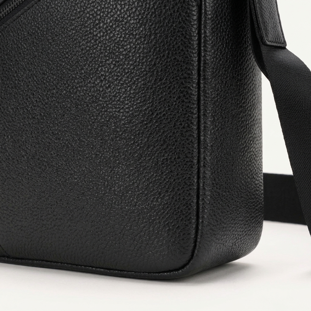 Men's Full-Grain Leather Compact Crossbody Messenger Bag — close-up of the leather corner and stitching